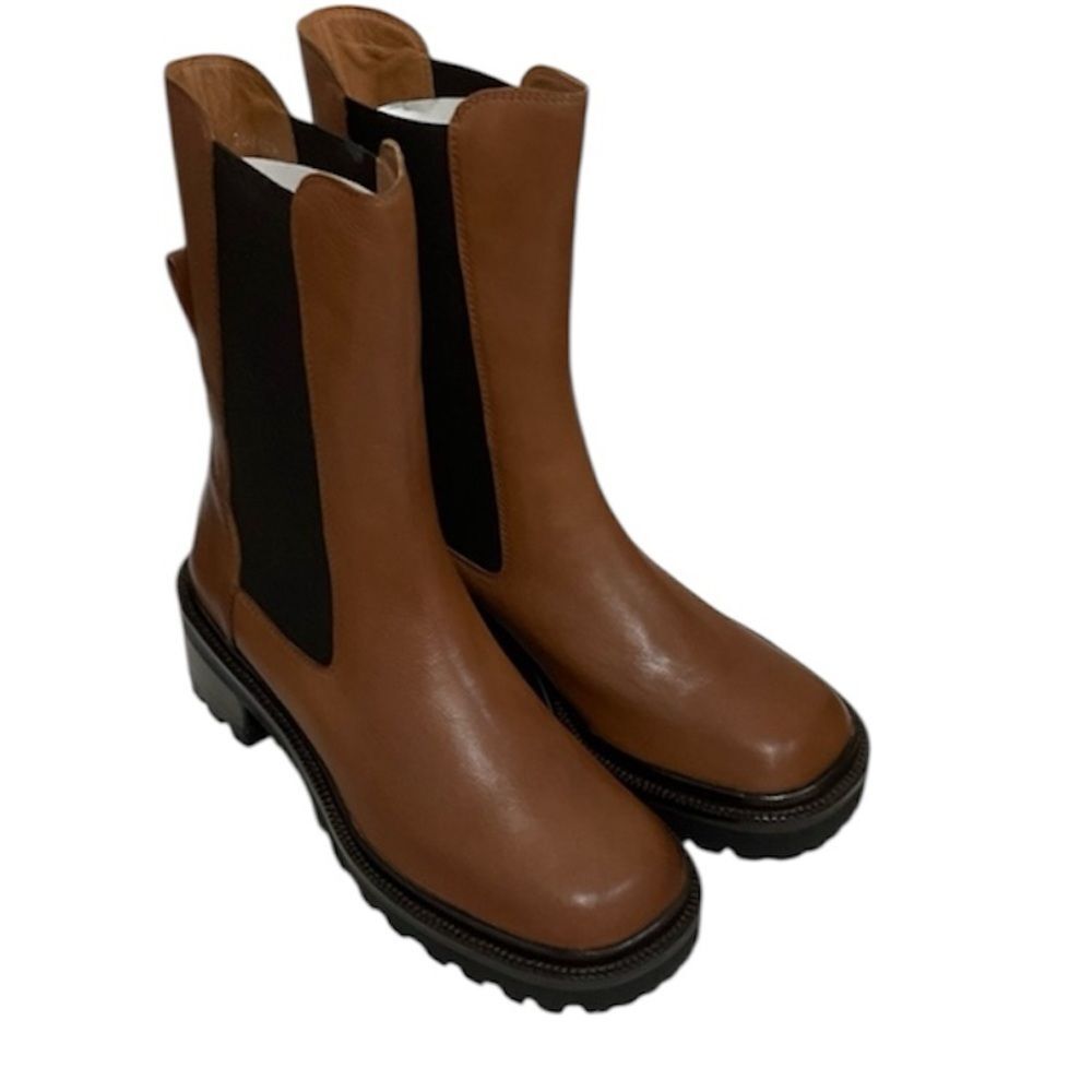 NEW Bruno Premi Brown Elastic Panel Chelsea Leather Chunky Heel Boots 8.5 EUR 39